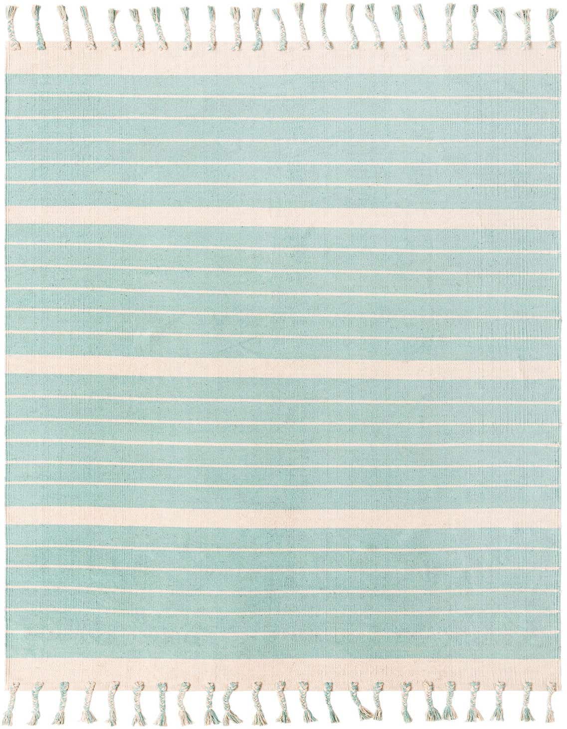 A 6x9 rectangular Chindi Cotton rug in aqua and white, featuring horizontal stripes and braided tassels, ideal for a living room.