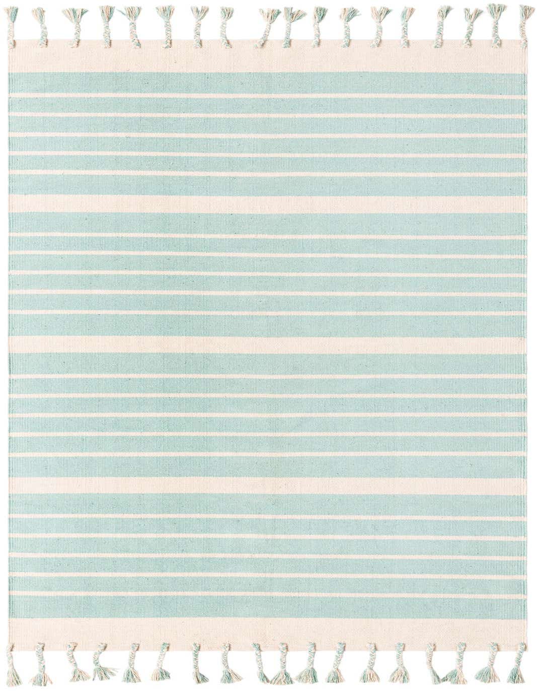 A 5x8 rectangular Chindi Cotton rug featuring alternating aqua and white horizontal stripes, with braided tassels on both ends.