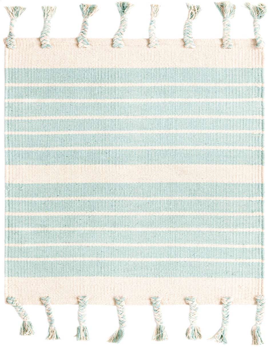 A 2x3 rectangular Chindi Cotton rug featuring aqua and white horizontal stripes with braided tassels on both ends.