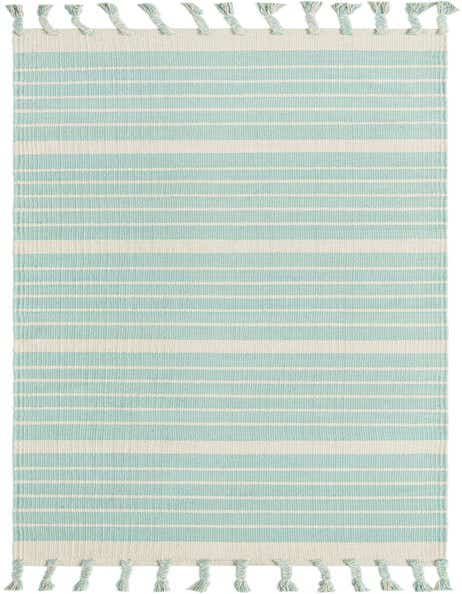 A 10 ft runner rug with horizontal aqua and white stripes and braided tassels, ideal for hallways.