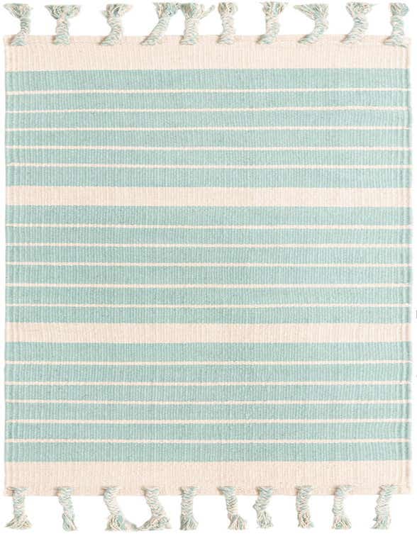 A 6 ft runner rug featuring alternating wide aqua and thin white horizontal stripes, with braided tassels at both ends.