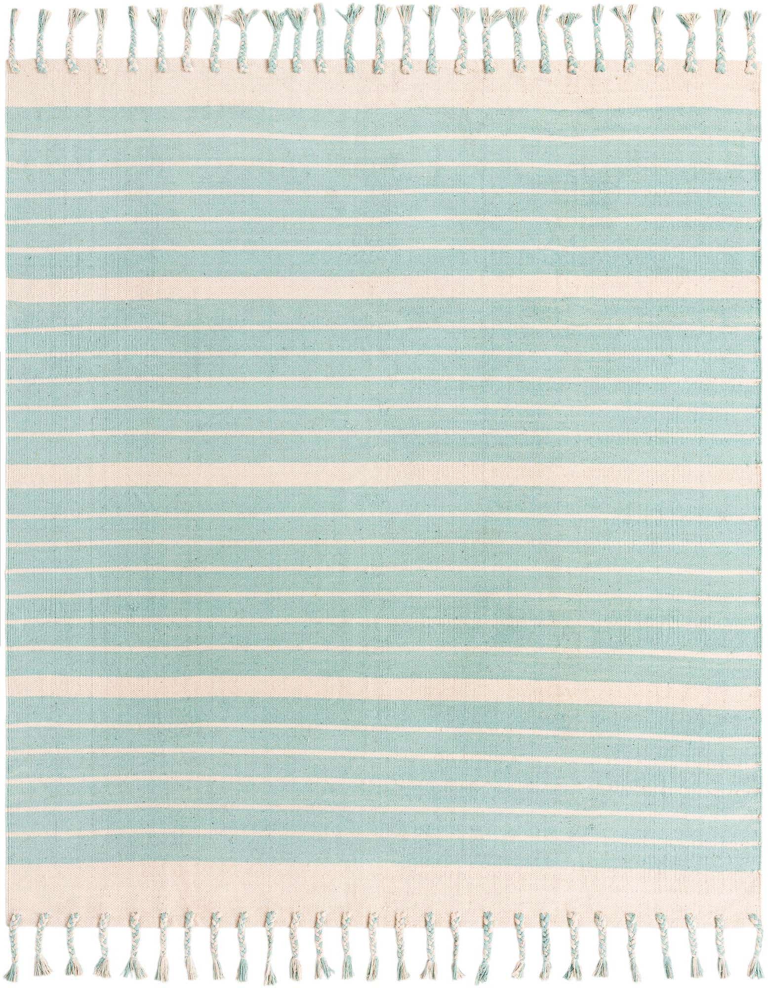 A 7' 1 x 7' 1 square aqua and white striped cotton flatweave rug with tassels, perfect for a coastal or modern indoor space.
