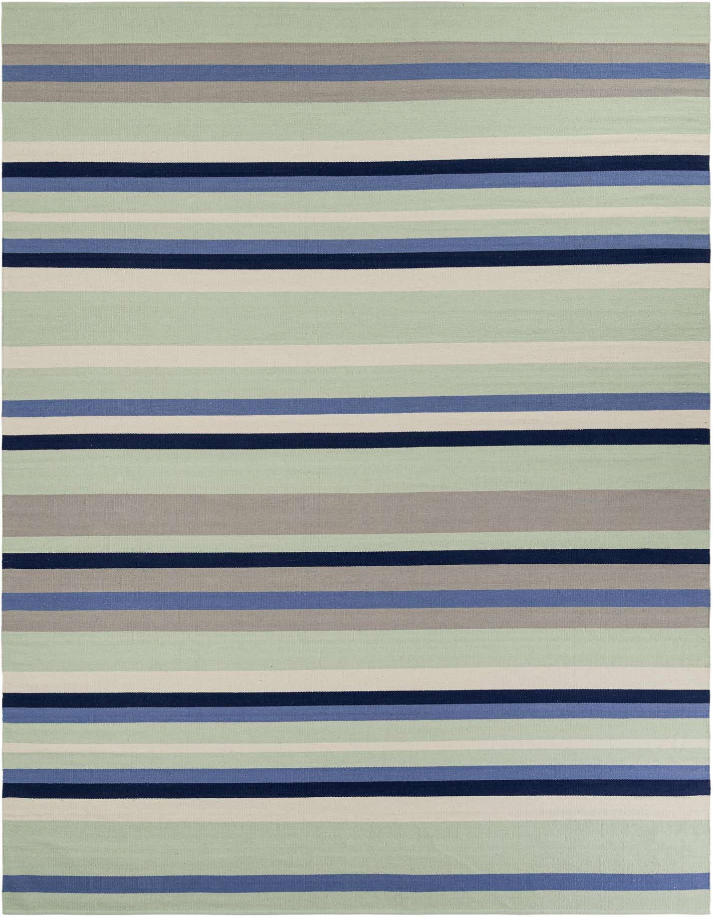 A 10x14 rectangular flatweave rug with horizontal stripes in varying shades of blue, gray, and light green.