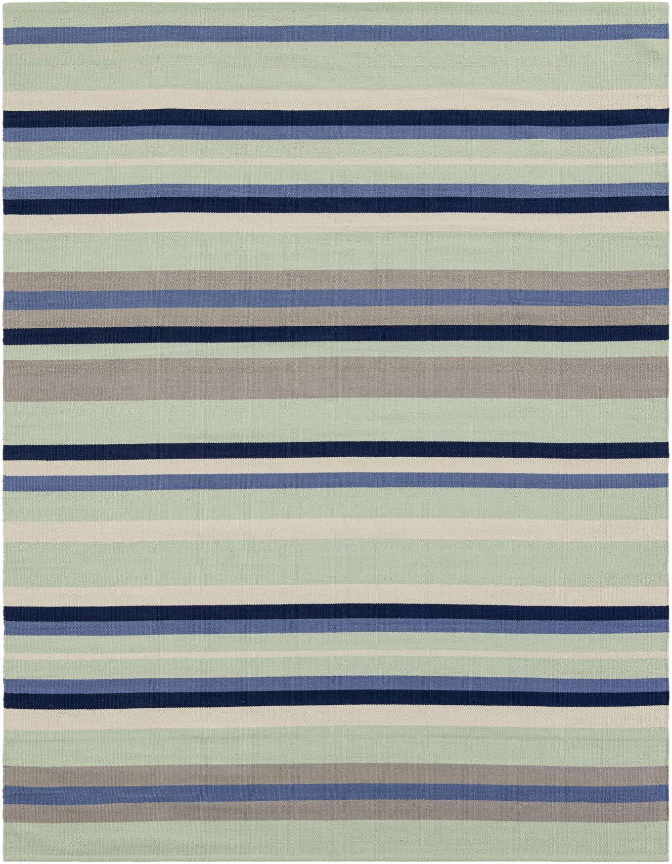 A 6x9 rectangular flatweave rug with horizontal stripes in varying shades of blue, gray, and light green.