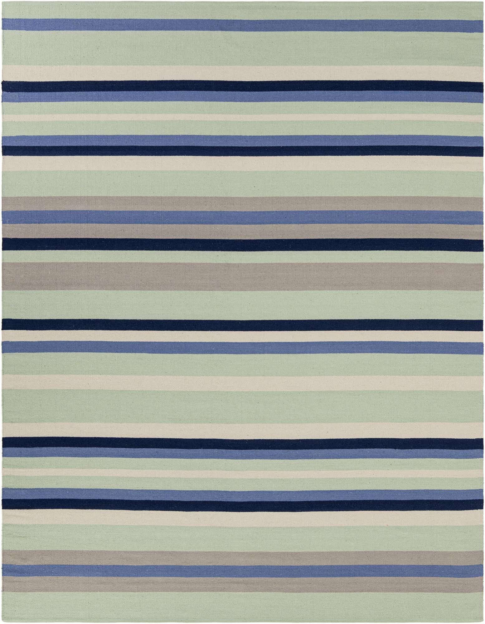 A rectangular 8x10 flatweave cotton rug featuring modern horizontal stripes in varying shades of blue, gray, and light green.