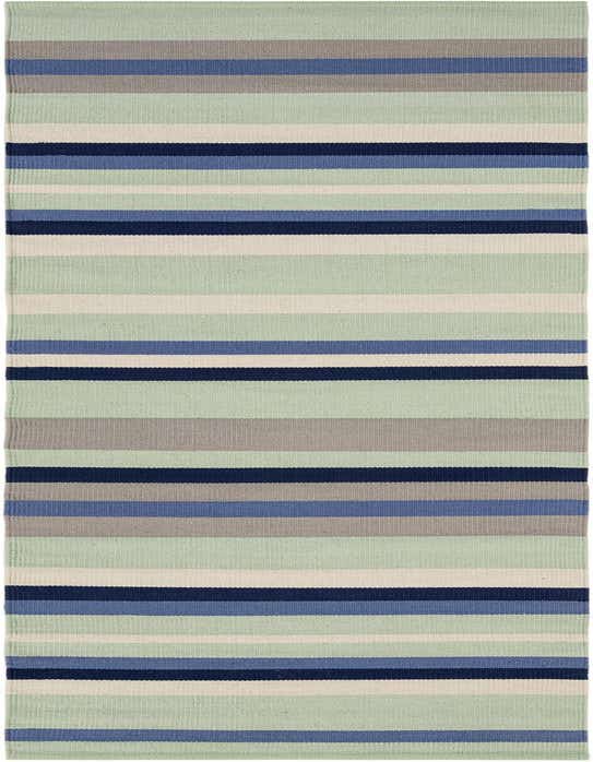 A 10 ft runner rug featuring modern stripes in varying shades of blue, gray, and light green, ideal for a hallway.