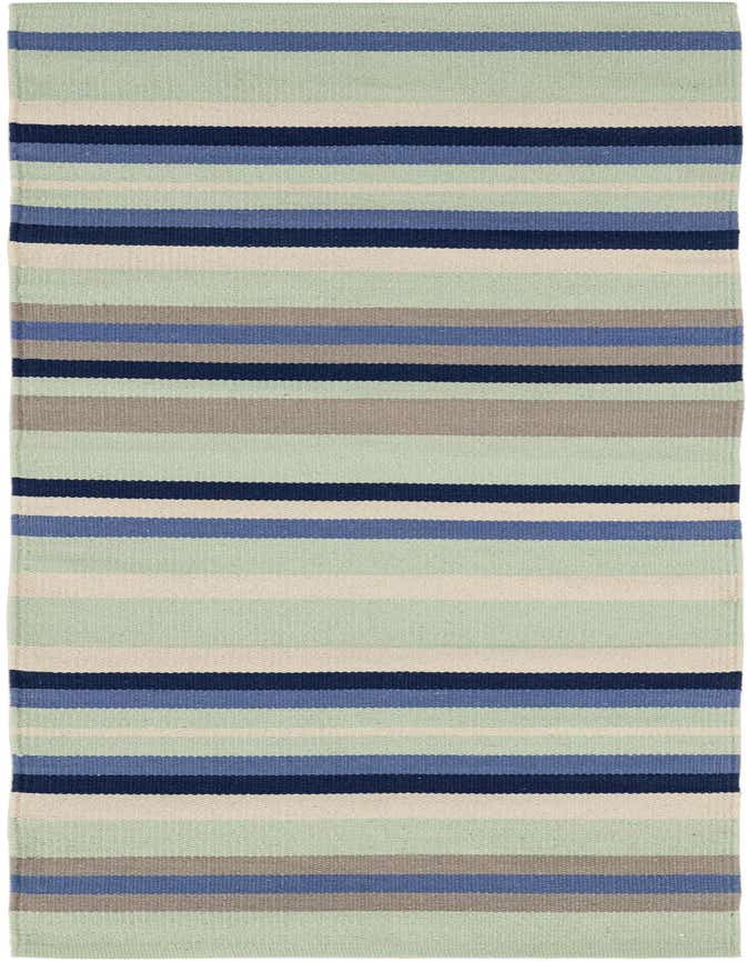 A 6 ft runner rug with a modern stripe pattern in varying shades of blue, gray, and light green.