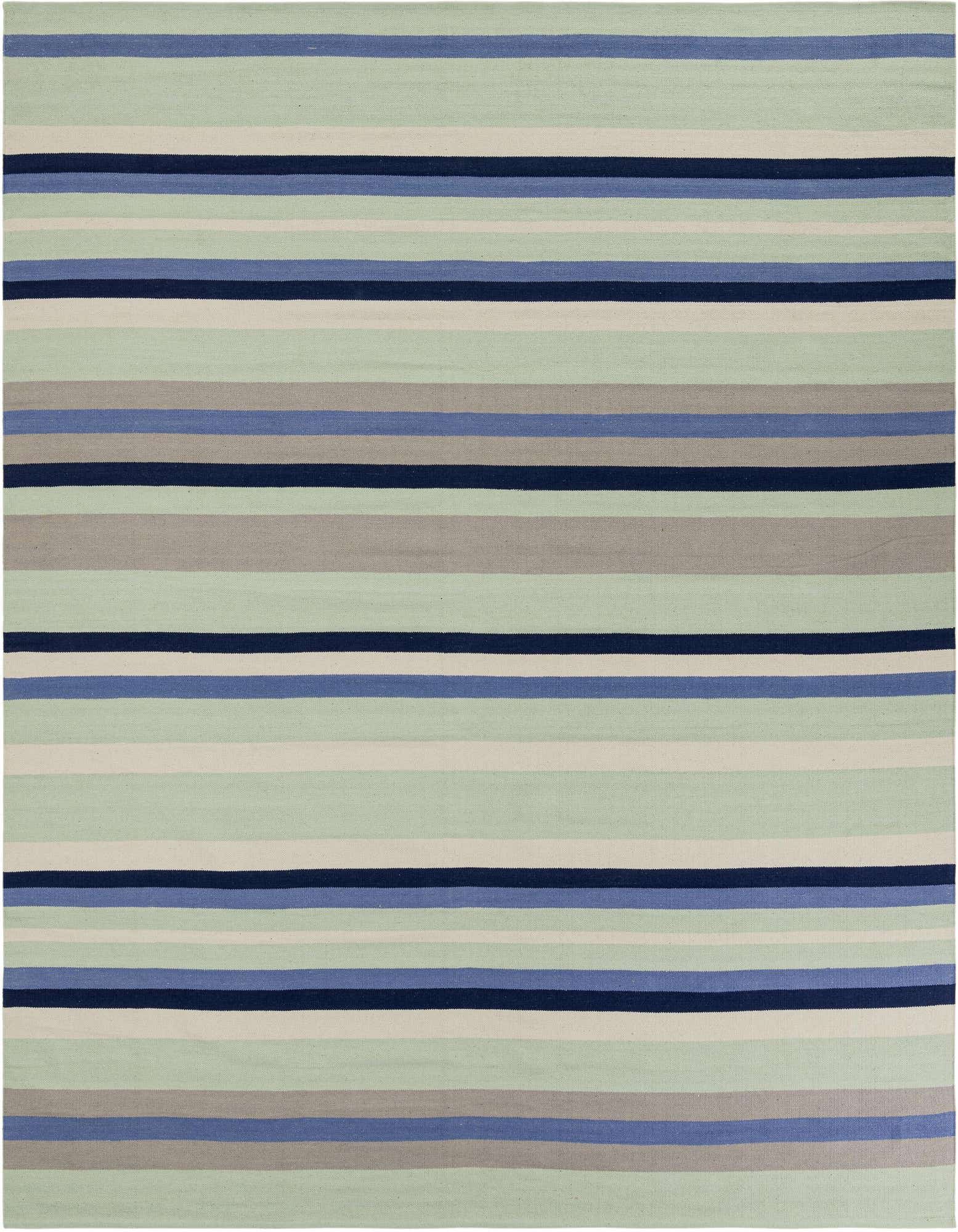 A 10'x10' square flatweave cotton rug with horizontal stripes in varying shades of blue, gray, and light green.