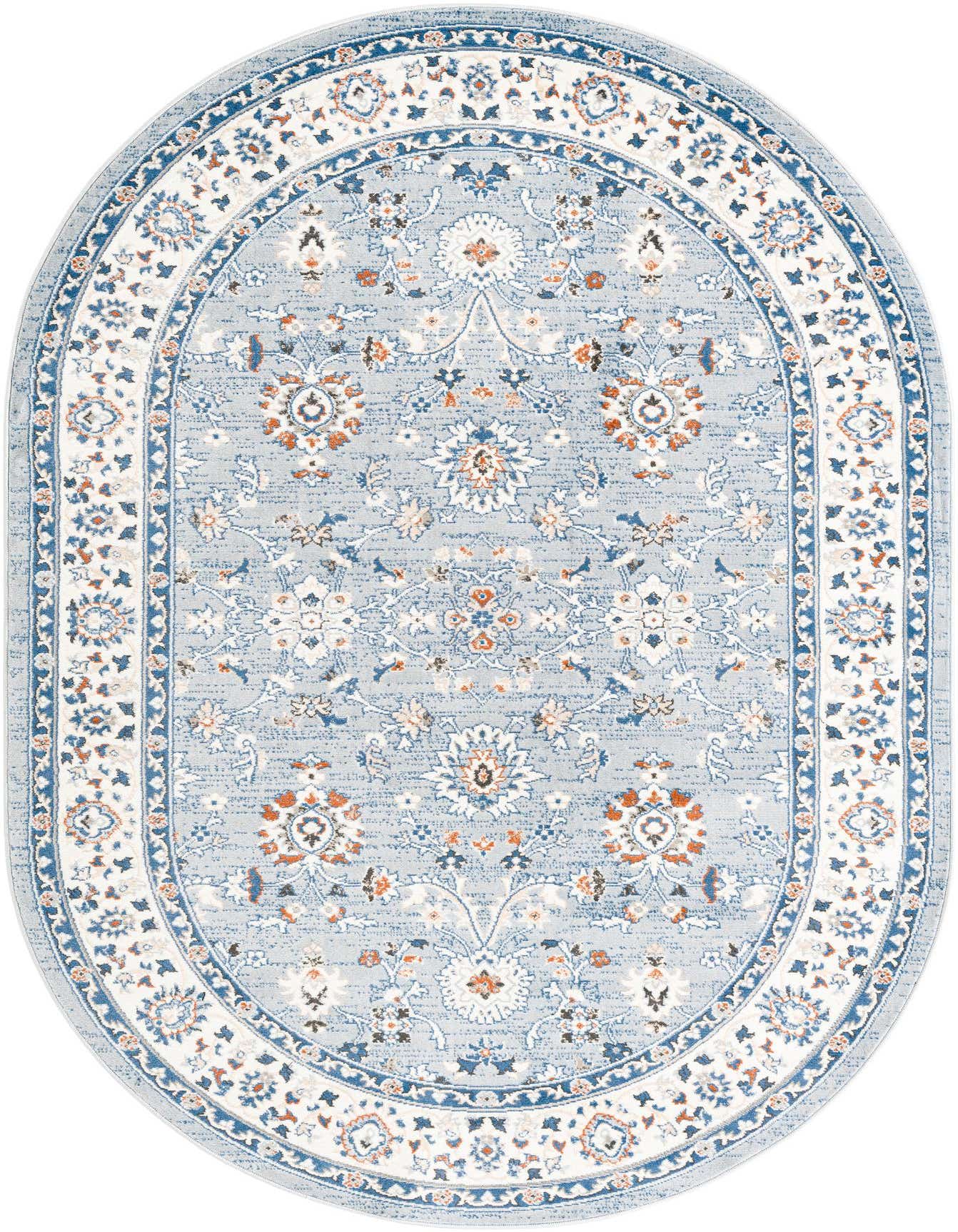 An oval 6'1" x 9'0" Charlotte Collection rug featuring a traditional blue, white, and orange floral Oriental pattern.