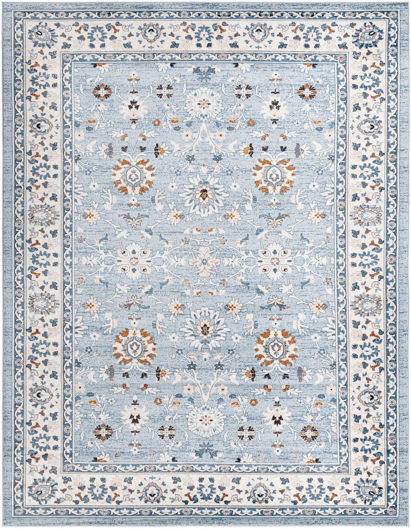 A 10x14 rectangular Charlotte Collection rug with a traditional floral pattern in various shades of blue, cream, and hints of orange.