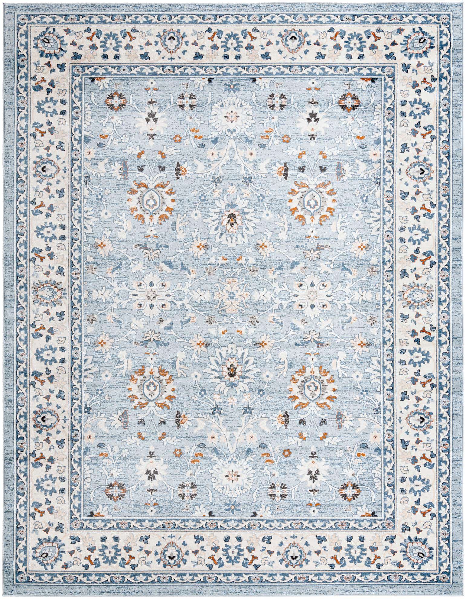 A 10x13 rectangular Charlotte Collection rug with a traditional blue, white, and orange floral oriental pattern.