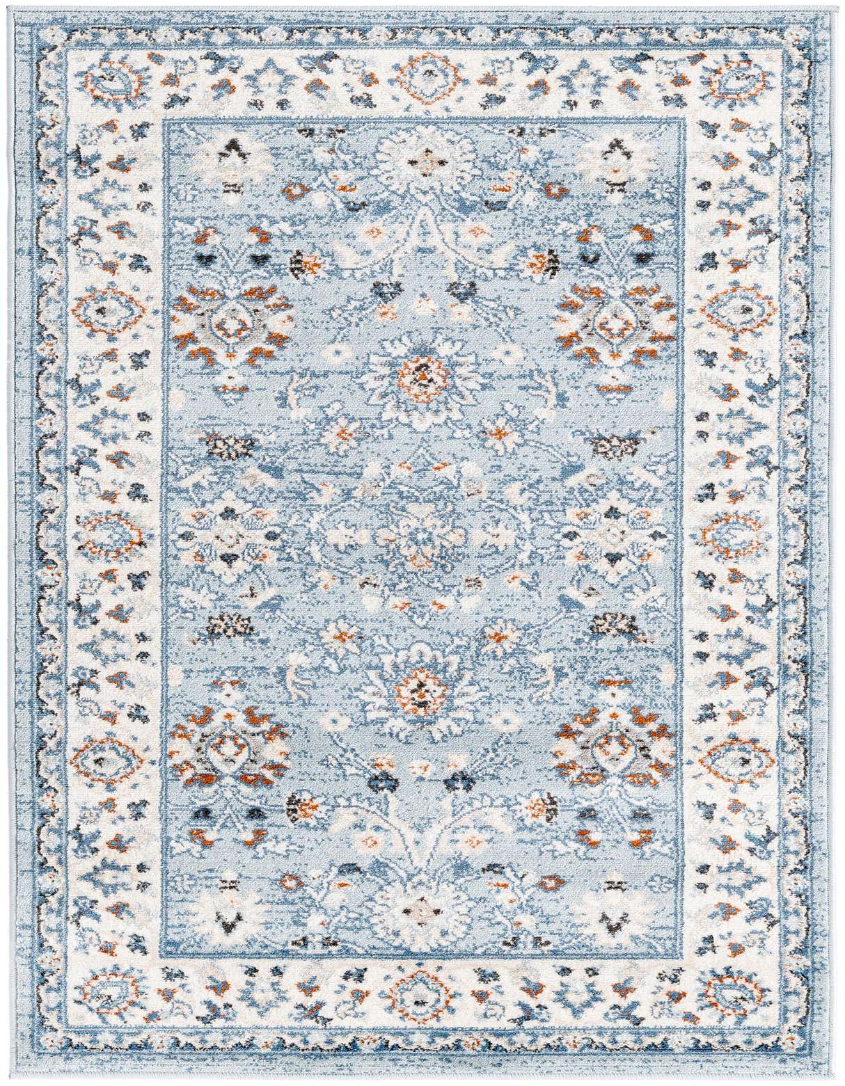 A 3x5 rectangular Charlotte rug by Rugs.com with a light blue field and traditional floral patterns in white, orange, and darker blue.