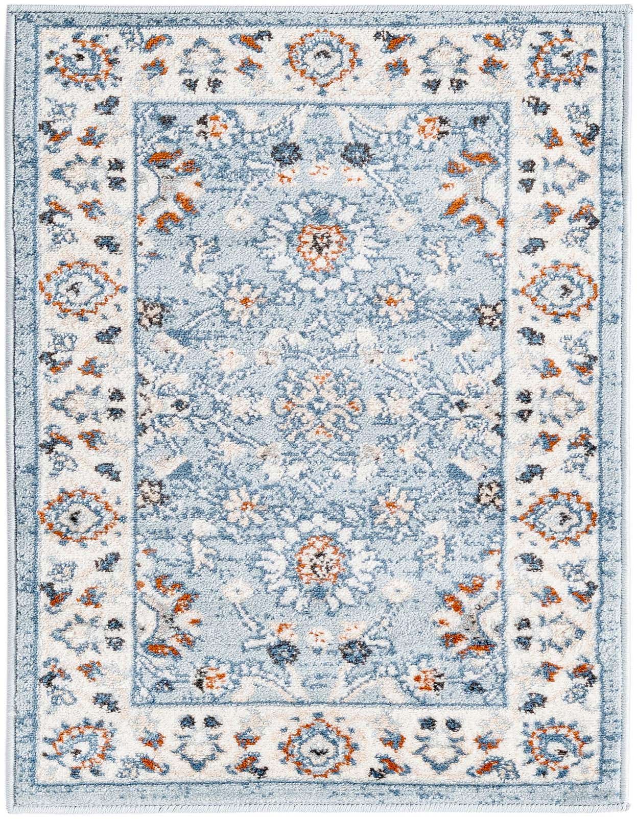 A 2x3 rectangular Charlotte rug with a traditional blue, white, and orange floral oriental pattern, ideal for a kitchen or entryway.