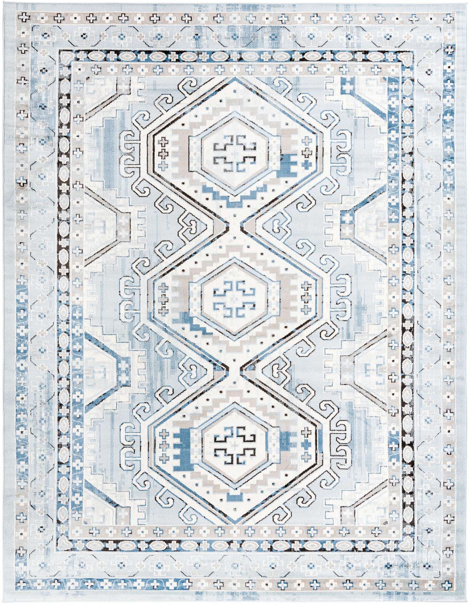 A 9x12 rectangular Charlotte rug from Rugs.com featuring a traditional tribal pattern in various shades of blue, white, and beige.