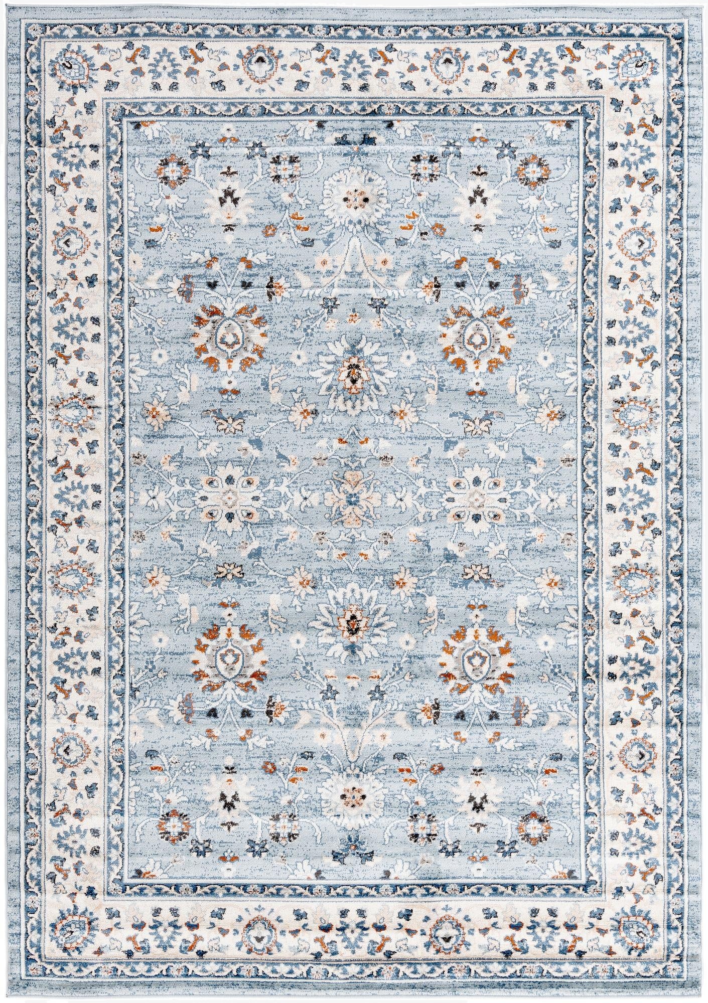 A 7x10 rectangular Charlotte rug featuring a traditional Oriental floral pattern in various shades of blue, cream, and hints of orange.