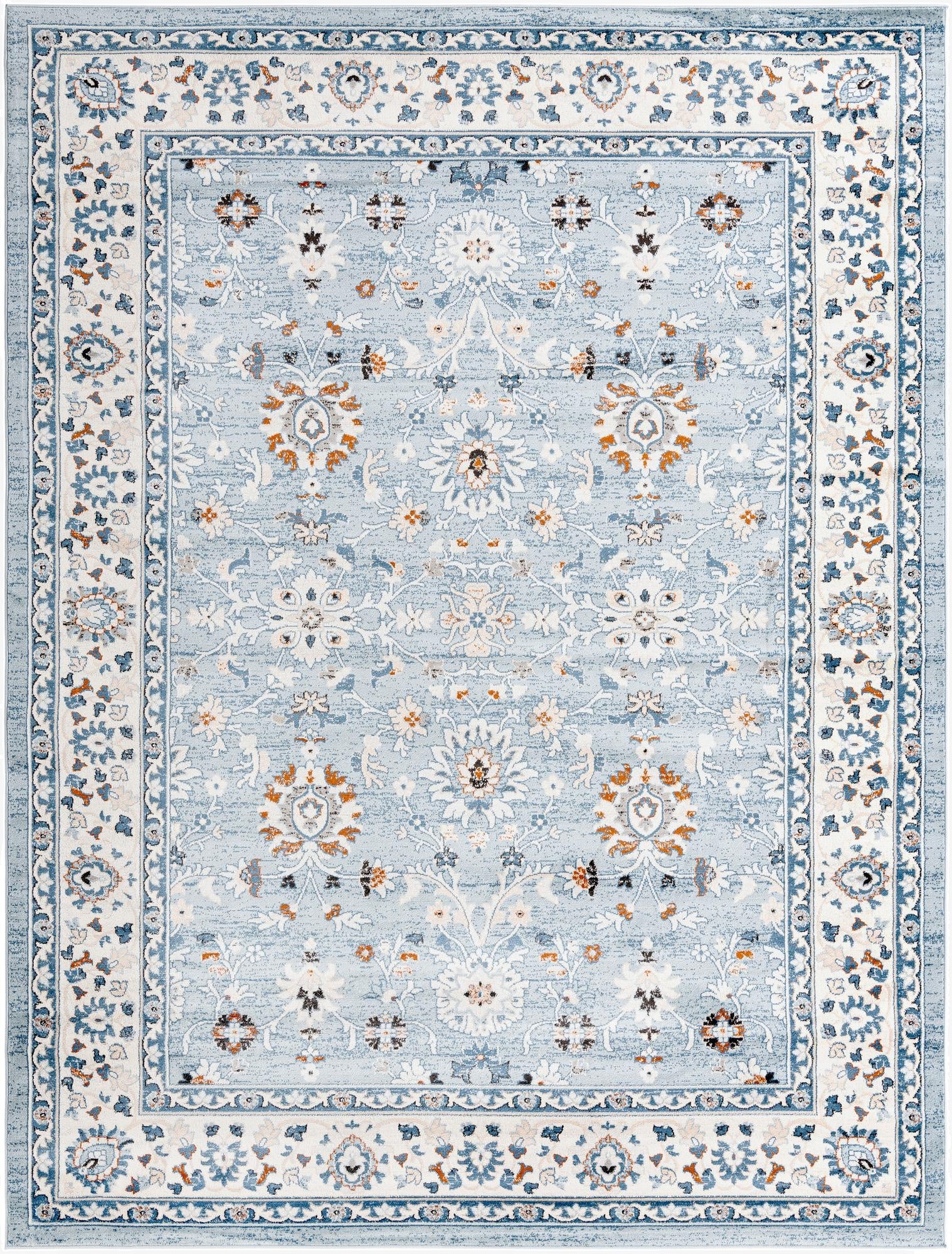A 9x12 rectangular Charlotte rug in varying shades of blue, white, and orange with a traditional floral and oriental pattern.