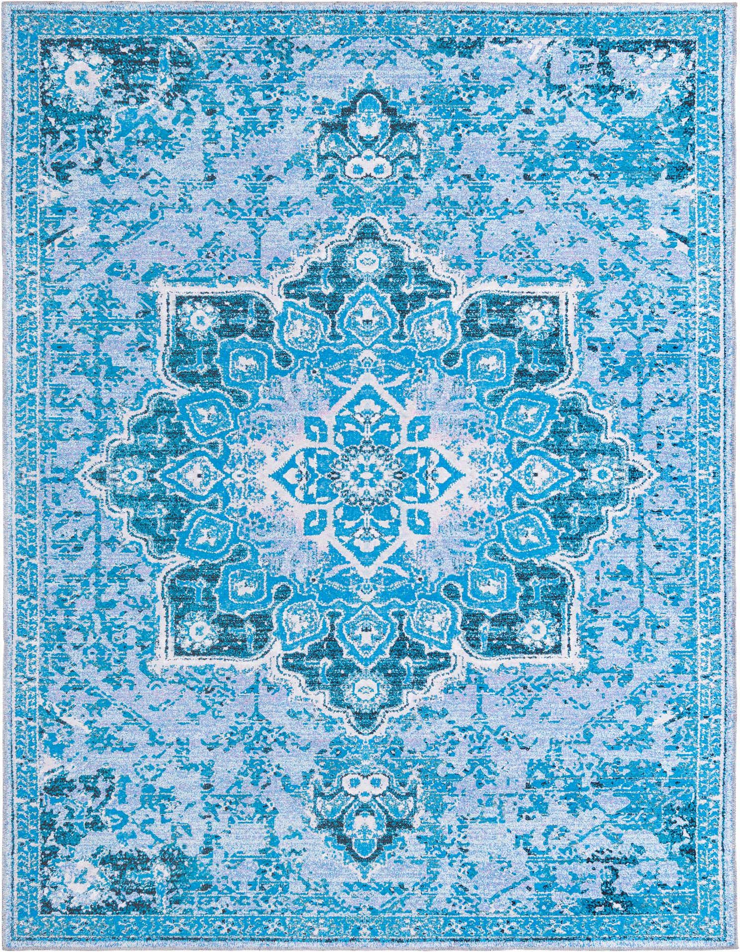 A 10x14 rectangular Francesca collection rug featuring a distressed traditional medallion pattern in various shades of blue.