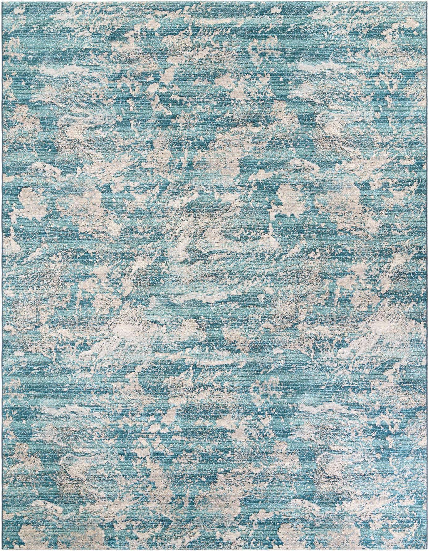 A 10x14 rectangular blue and white abstract modern rug with a flat, textured pile, suitable for indoor or outdoor use.