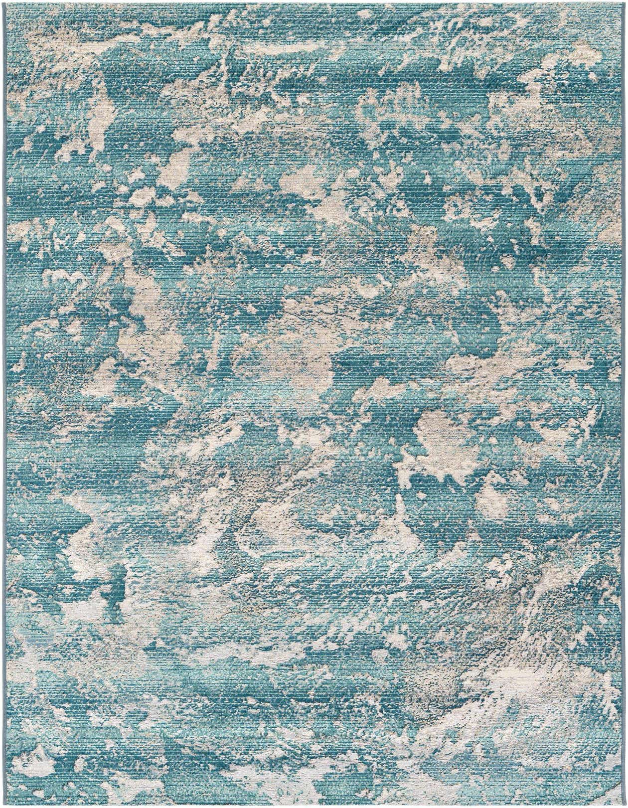 A 5x8 rectangular blue and beige modern abstract rug with a textured flatweave pile, suitable for indoor/outdoor use.