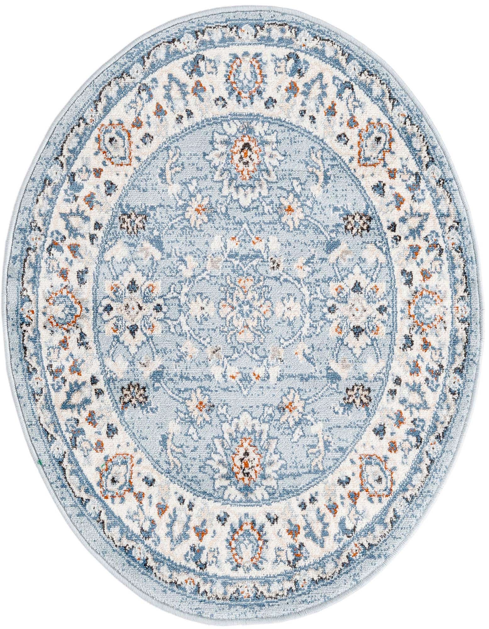 A 3' 0 x 3' 0 round blue traditional rug with an oriental floral pattern in shades of blue, white, and orange.