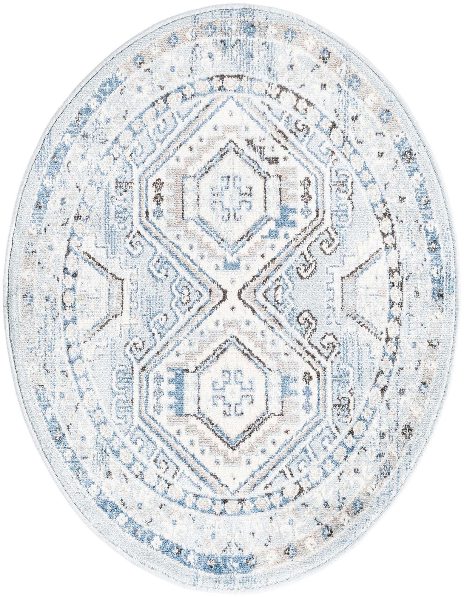 A 3' round blue and white traditional tribal rug with a distressed central medallion pattern.