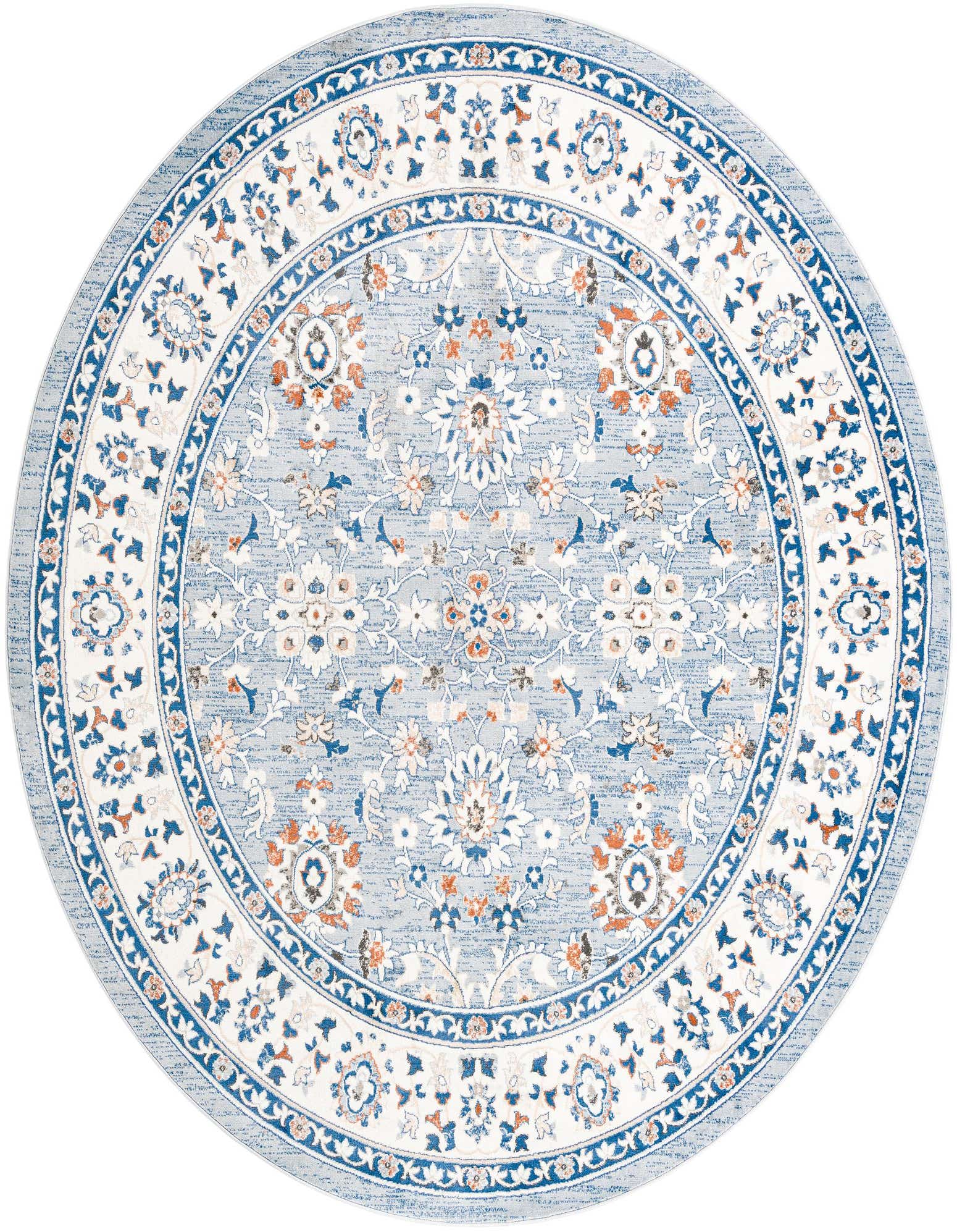 A 10' round blue Oriental rug with a traditional floral pattern in shades of blue, white, and orange.