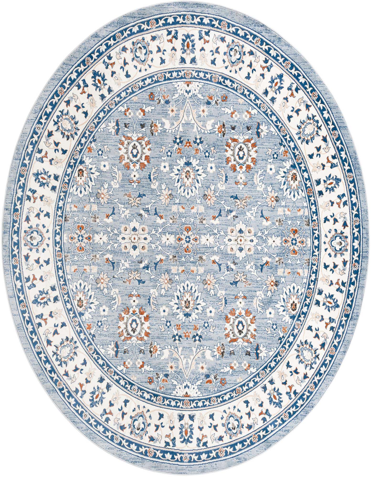 A 12' round blue Oriental rug with a detailed floral pattern in white, orange, and darker blue, featuring a thin pile.