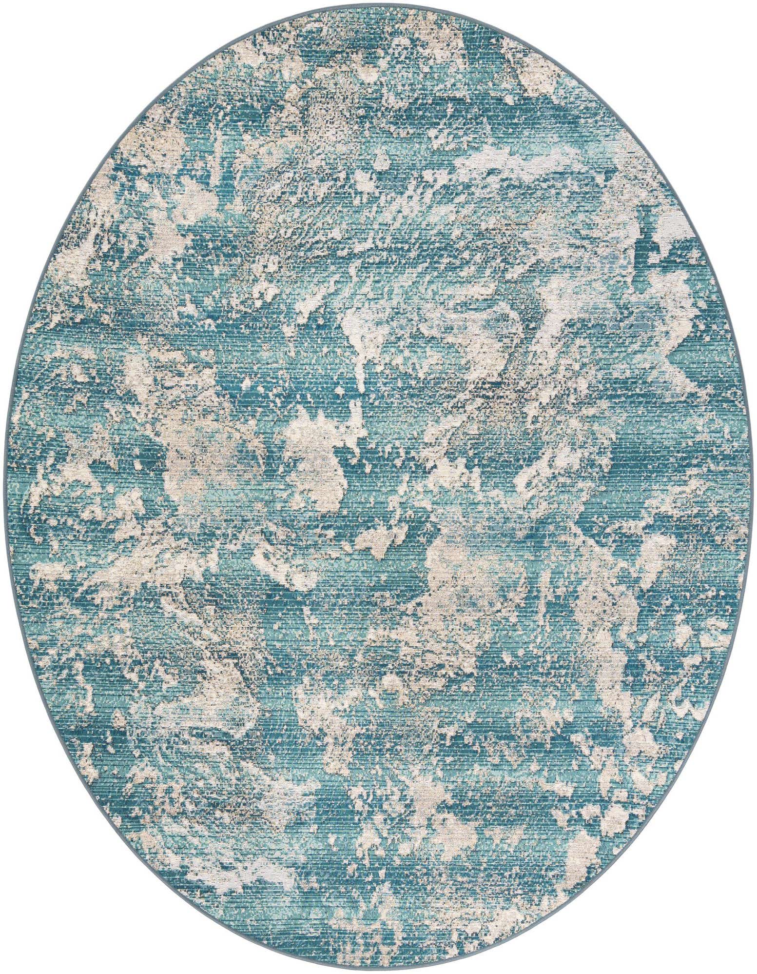 A 7' 10 round blue and off-white abstract rug, suitable for indoor/outdoor use, featuring a textured, modern design.
