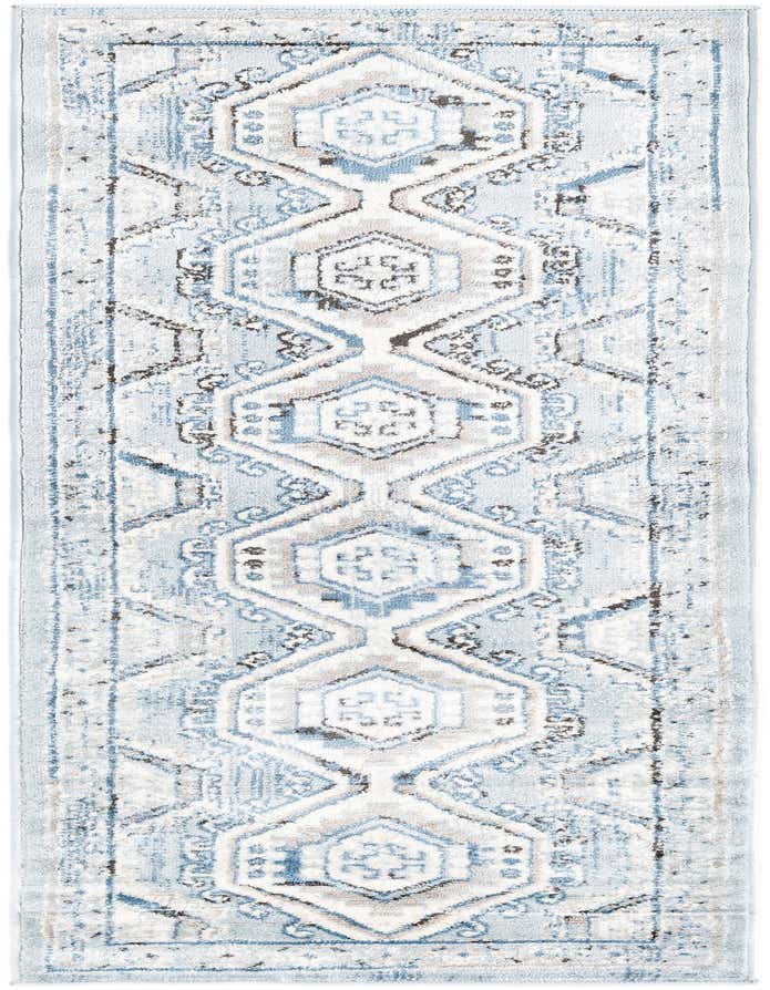 A 6 ft runner rug featuring a distressed traditional tribal pattern in various shades of blue, white, and gray.