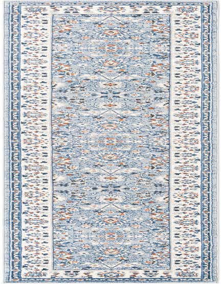 A 12 ft blue runner rug with a traditional oriental floral pattern and a white border, perfect for a hallway.