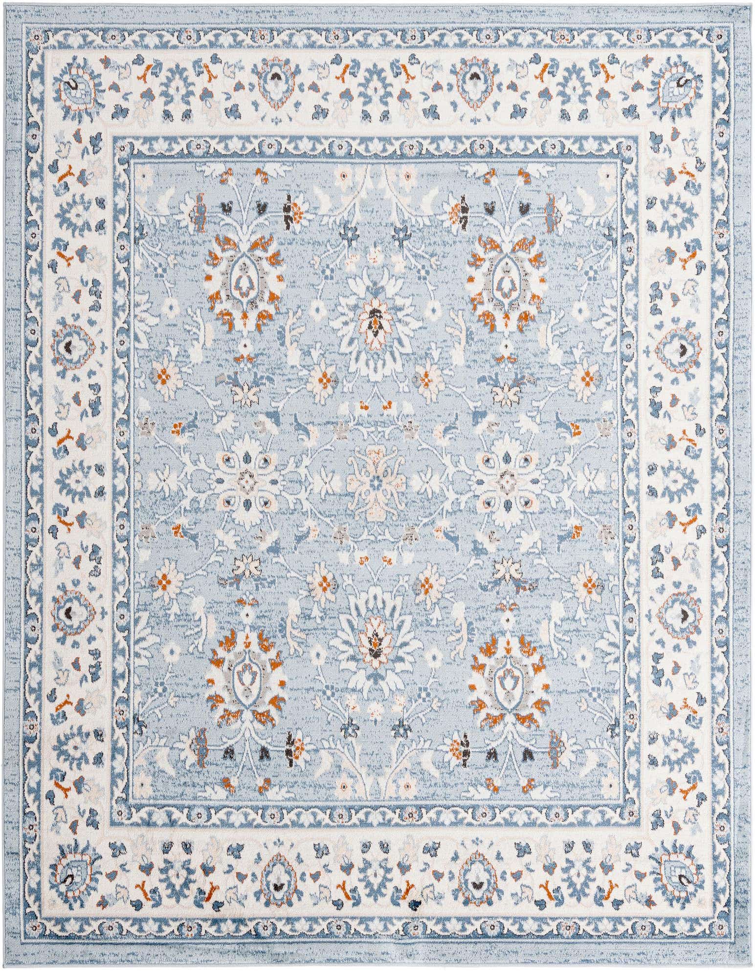 A 7' 10 x 7' 10 square Charlotte collection rug featuring a light blue field with a traditional floral and oriental pattern in white, cream, and hints of orange, framed by a multi-layered border.