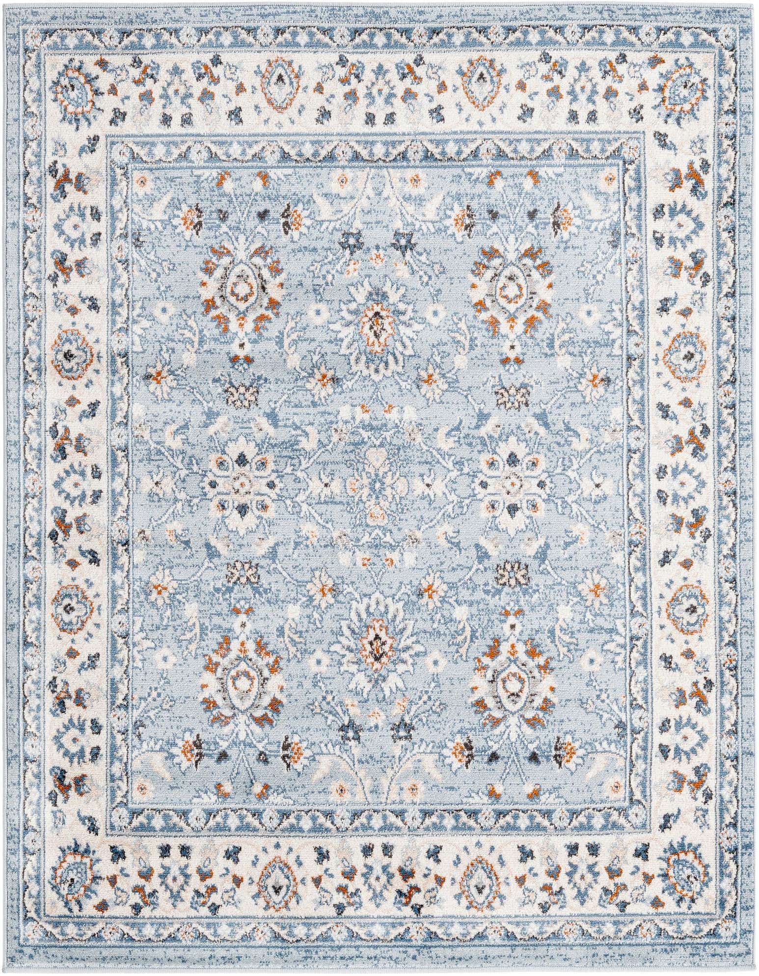 A 5' 3 x 5' 3 square light blue traditional rug with an ornate floral and oriental pattern in white, cream, and rust.