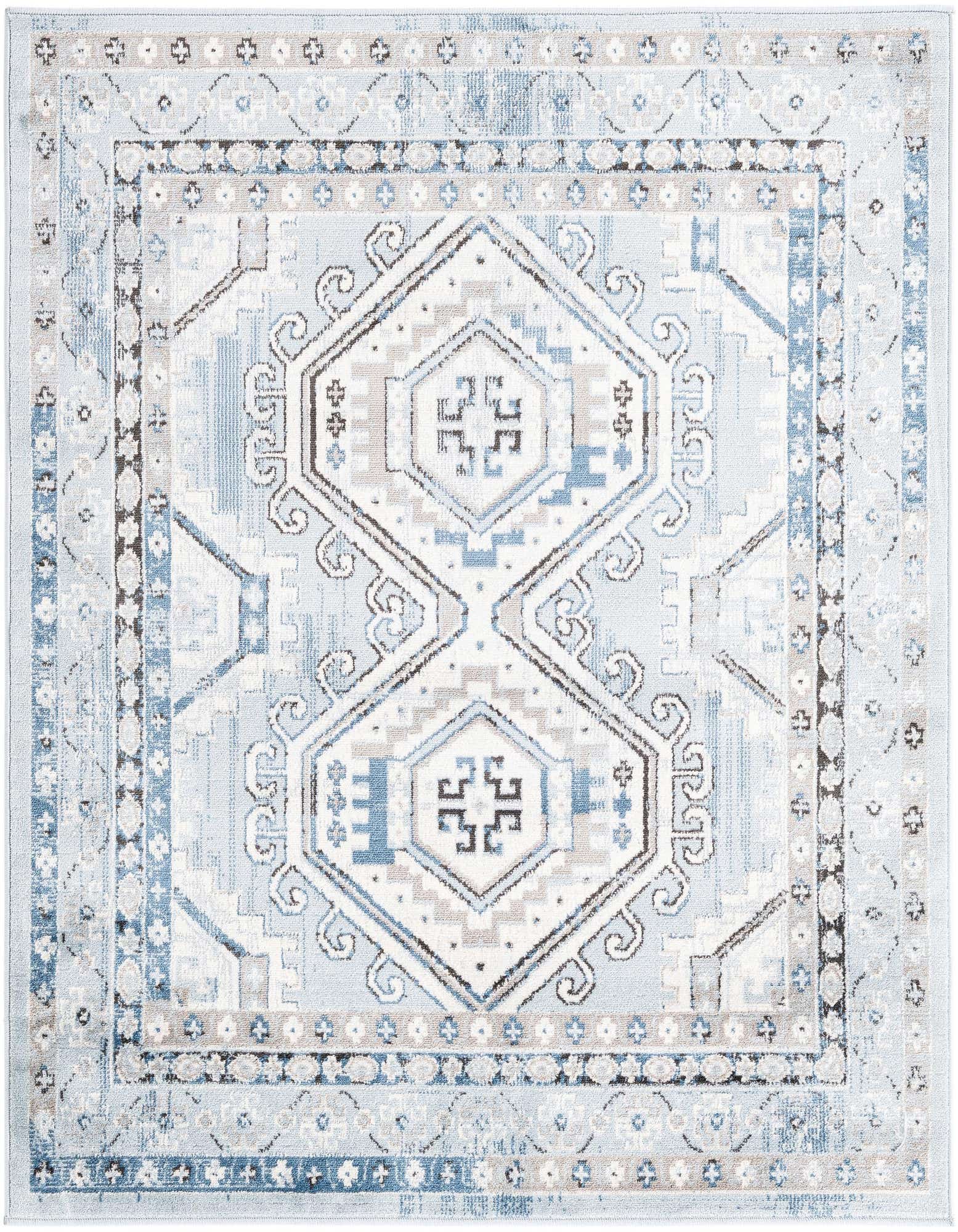 A 5' 3 x 5' 3 square Charlotte rug featuring a light blue, white, and brown traditional tribal pattern with a distressed look.