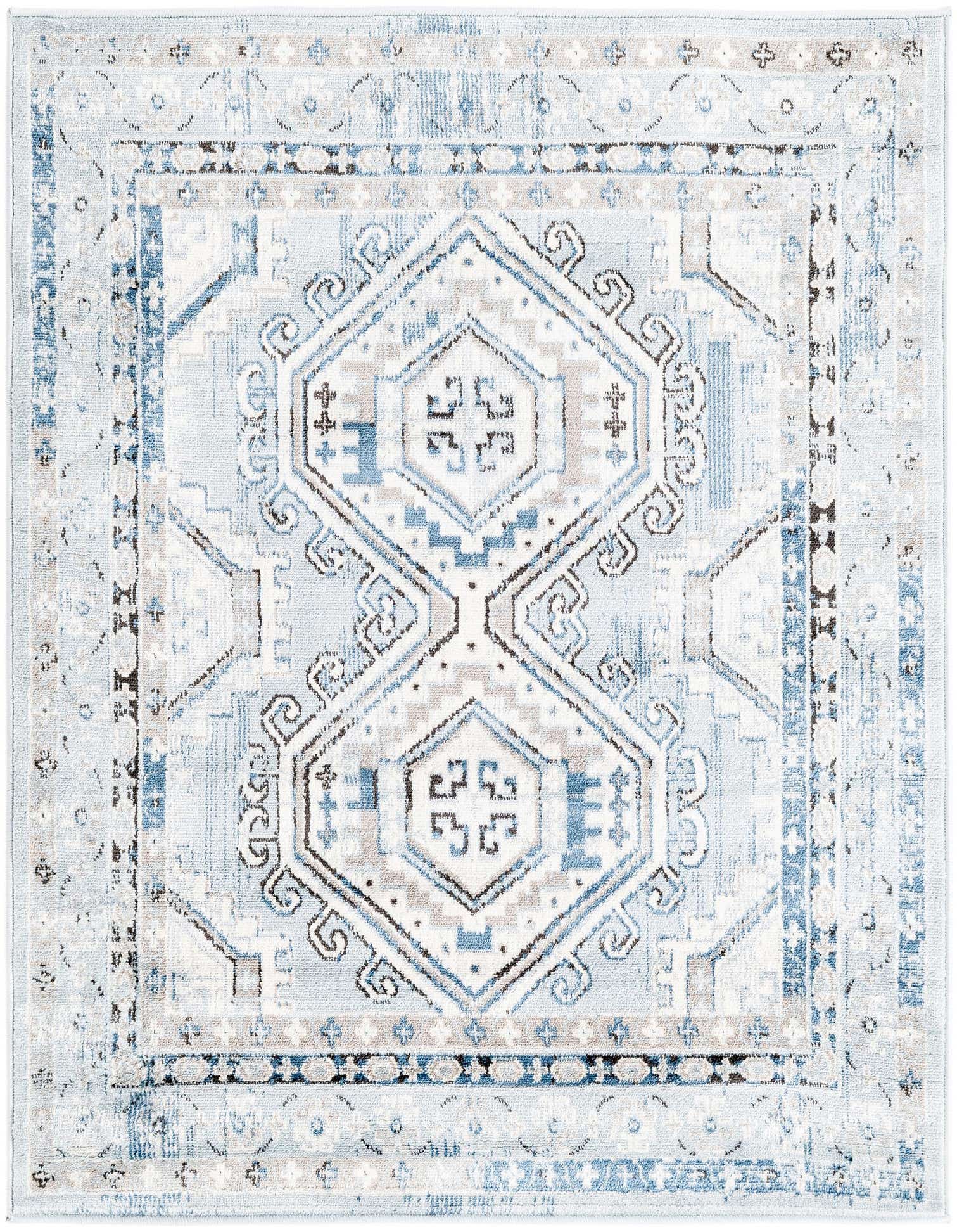 A square 4' 0 x 4' 0 blue and white traditional tribal rug with a distressed geometric pattern.
