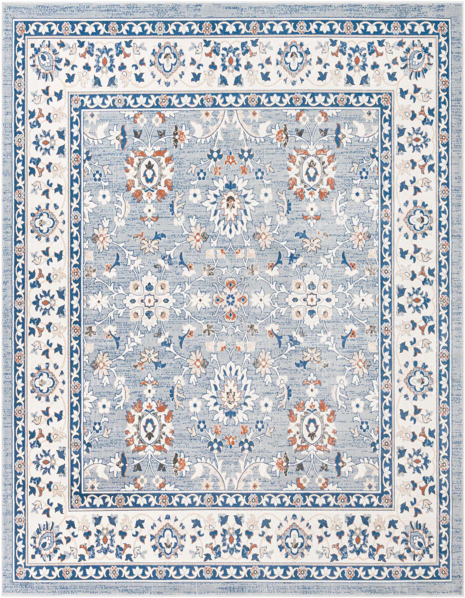 A 10x10 square Charlotte rug featuring a traditional blue and white floral Oriental pattern with orange accents.