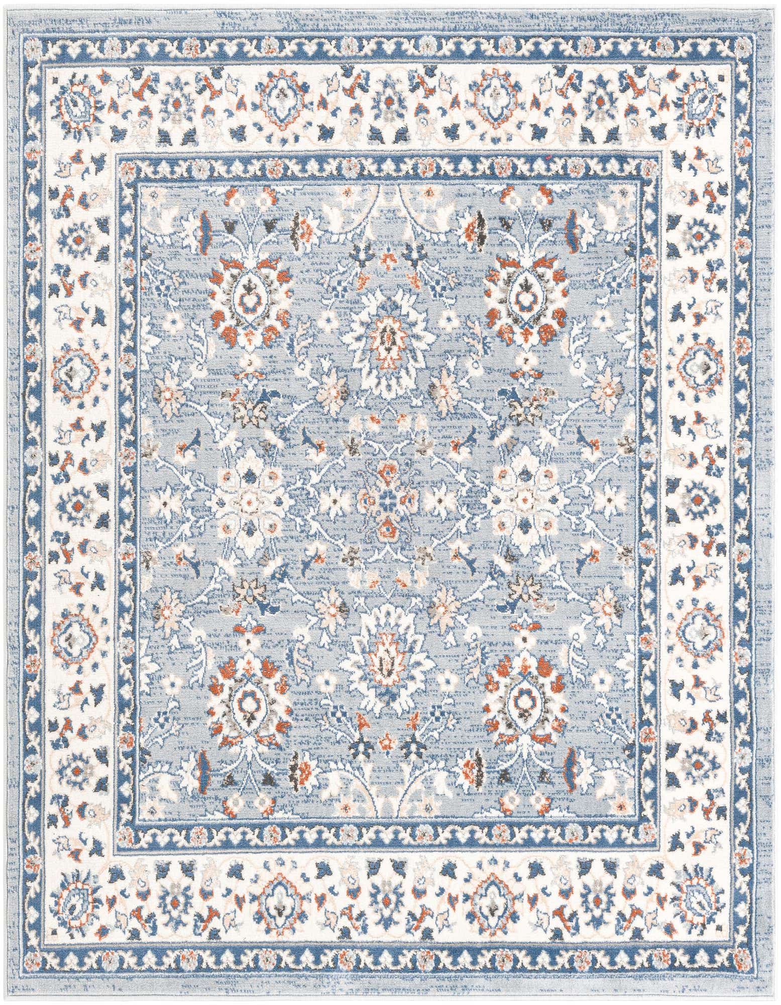 A square 6' 1 x 6' 1 blue Oriental rug with a traditional floral pattern and a detailed border.