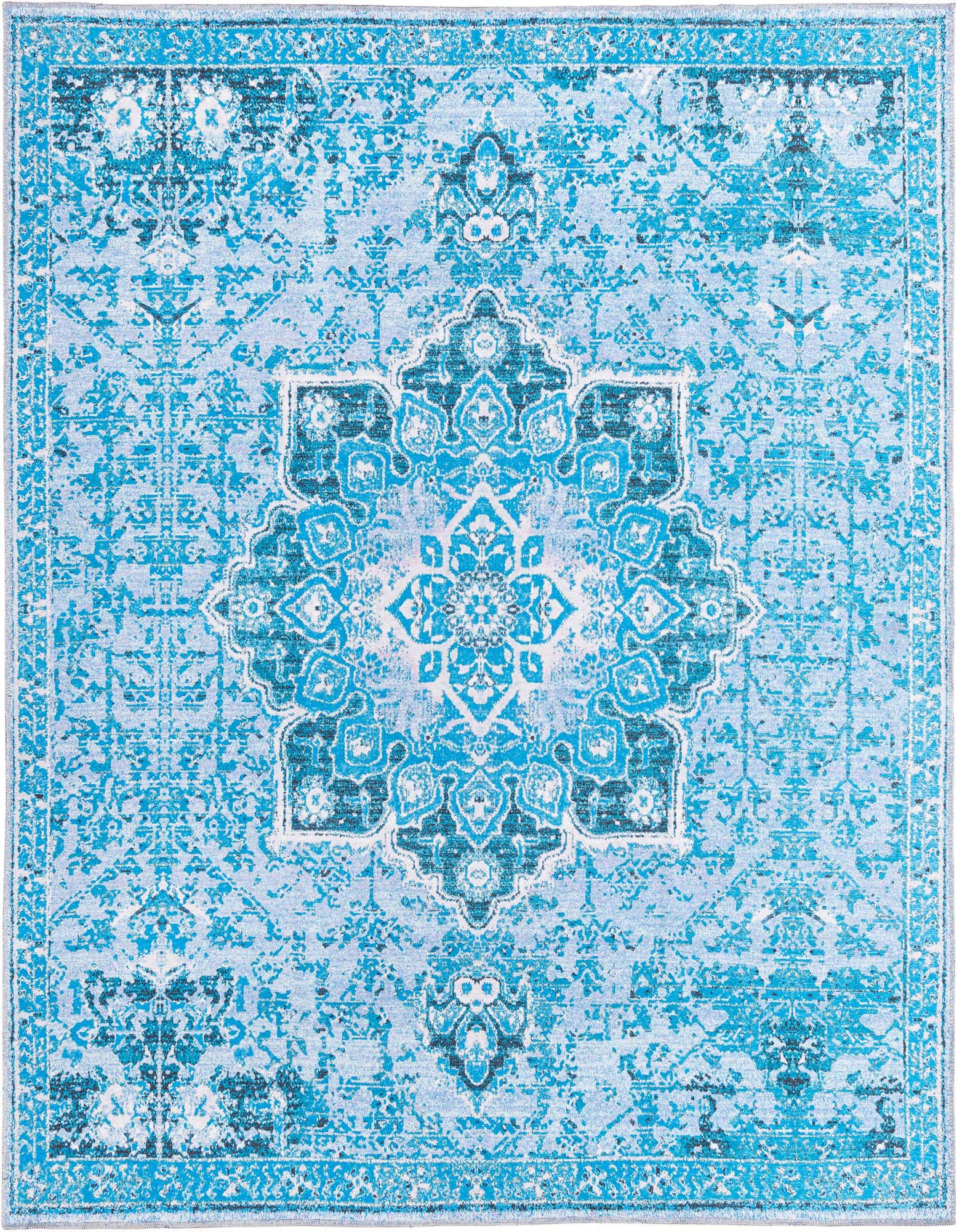A 7' 10 x 7' 10 square Francesca rug in varying shades of blue, featuring a distressed traditional medallion pattern.