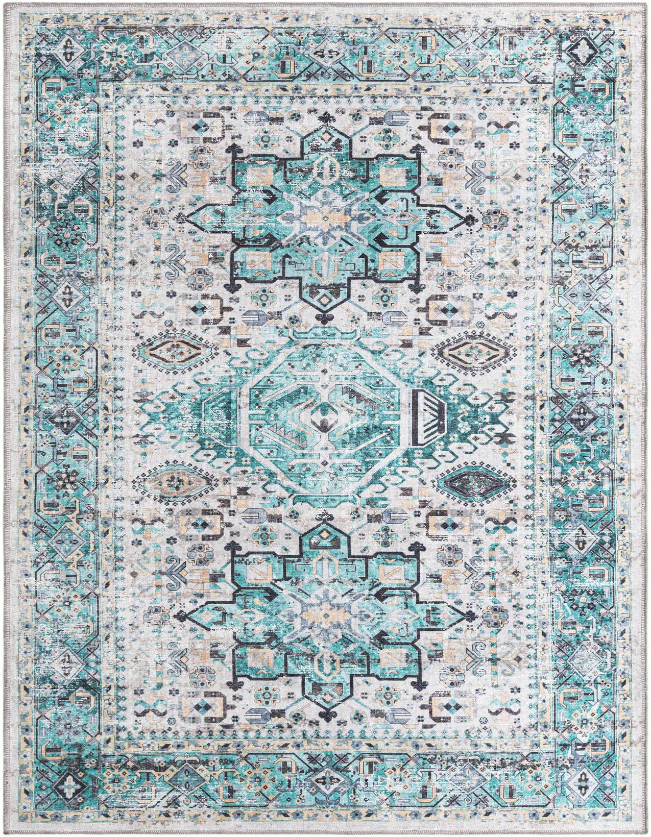 A 5x8 rectangular Yara rug featuring a distressed bohemian medallion pattern in shades of blue, green, and cream.