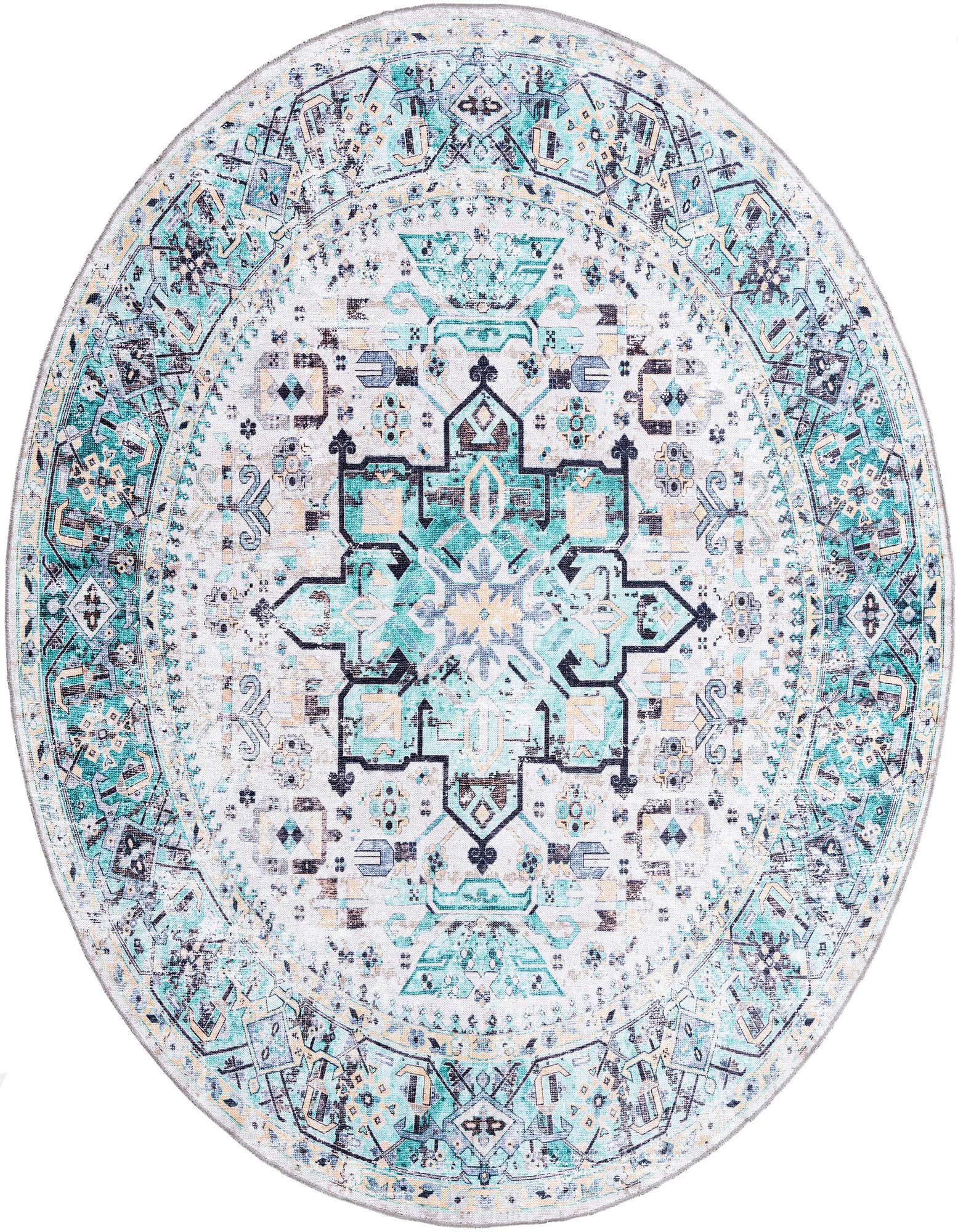 A round 7' 10 x 7' 10 Yara rug featuring a distressed blue, green, and cream medallion pattern with tribal and bohemian motifs.