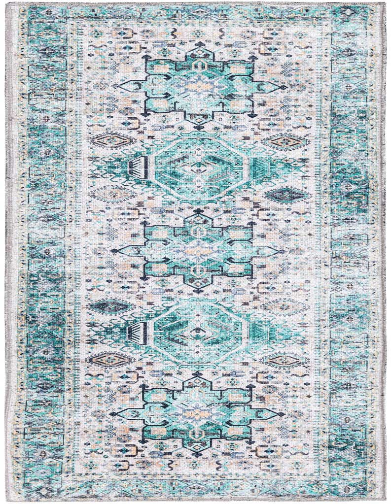A 5 ft runner rug with a distressed Bohemian and Traditional medallion pattern in shades of blue and green, ideal for a hallway.