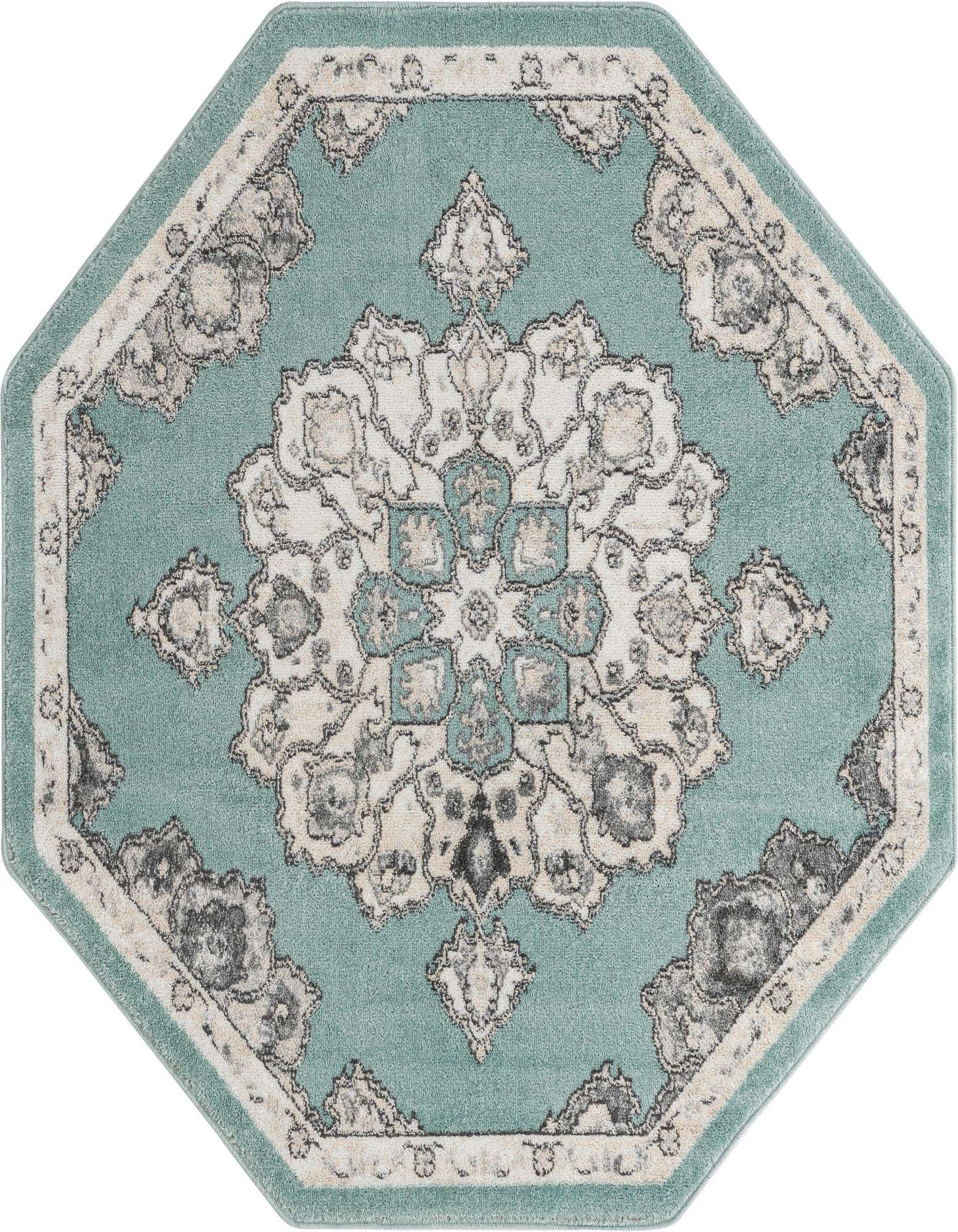 Octagon-shaped Parker Collection rug by Rugs.com, featuring a light blue field with an ornate cream and gray traditional medallion pattern.