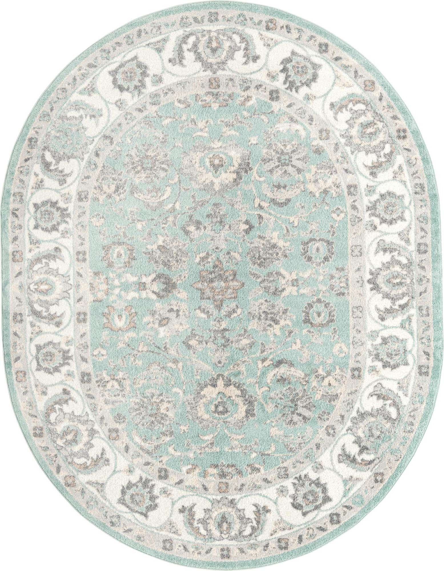 An oval blue and white traditional area rug featuring an intricate botanical and floral pattern, perfect for an indoor living space.