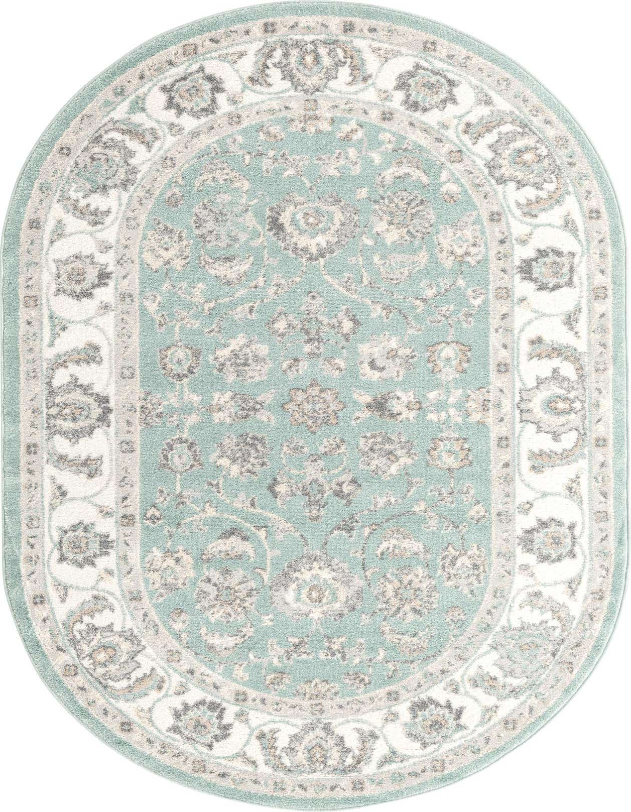 An oval 5' 0 x 8' 0 Aurelia rug featuring a traditional botanical pattern in shades of blue, cream, and grey.