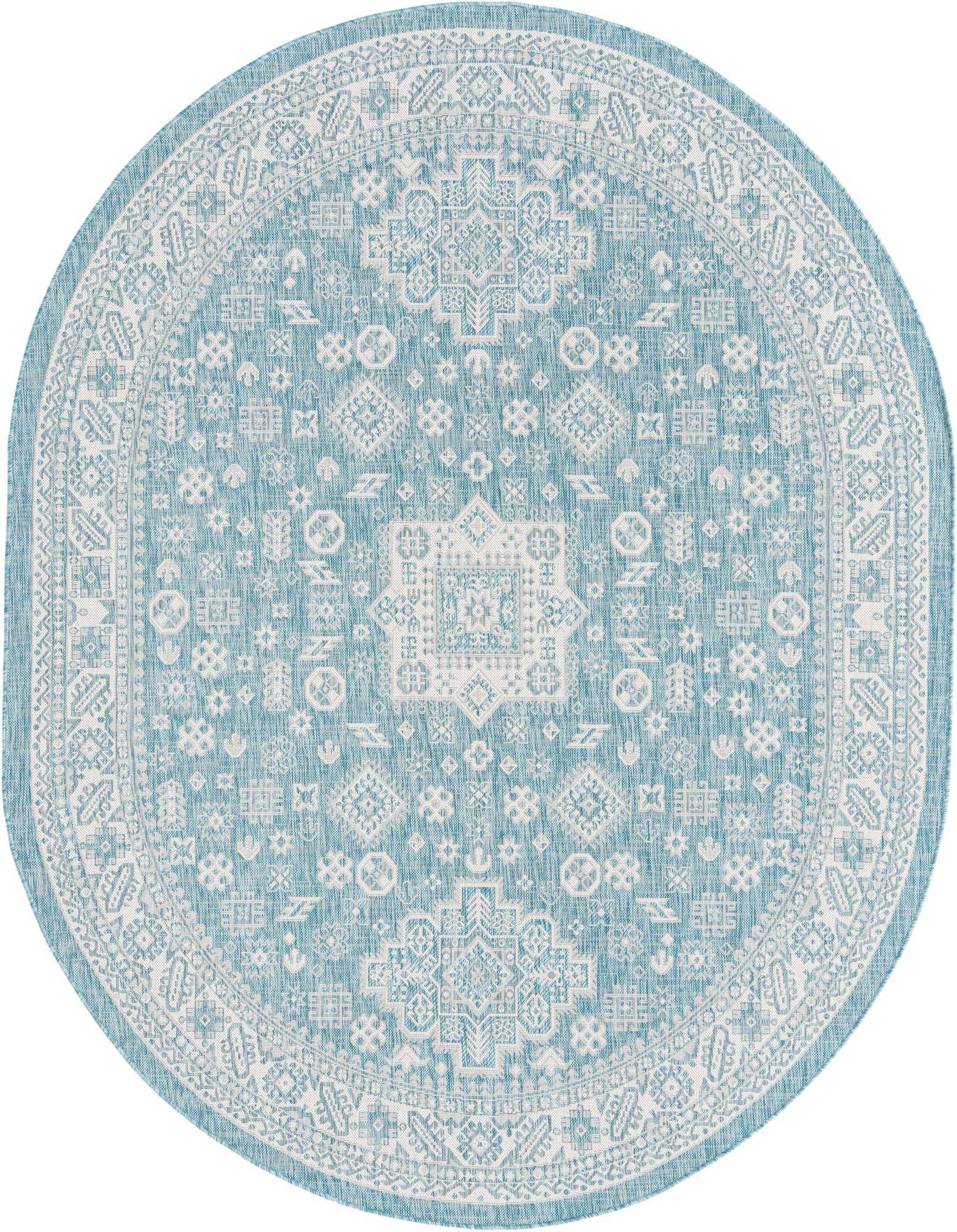 An oval 7'10" x 10'0" blue and white Southwestern rug with a tribal pattern, suitable for indoor or outdoor use.