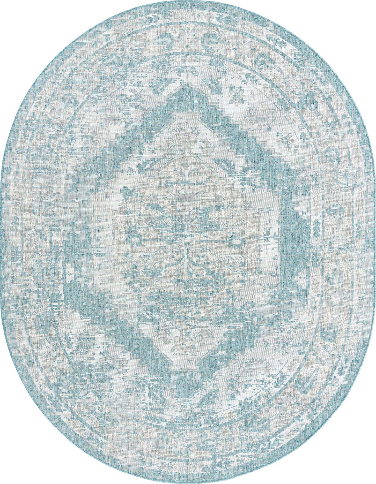 A 7'10" x 10'0" oval blue and white Southwestern-style flatweave rug with a faded traditional pattern.