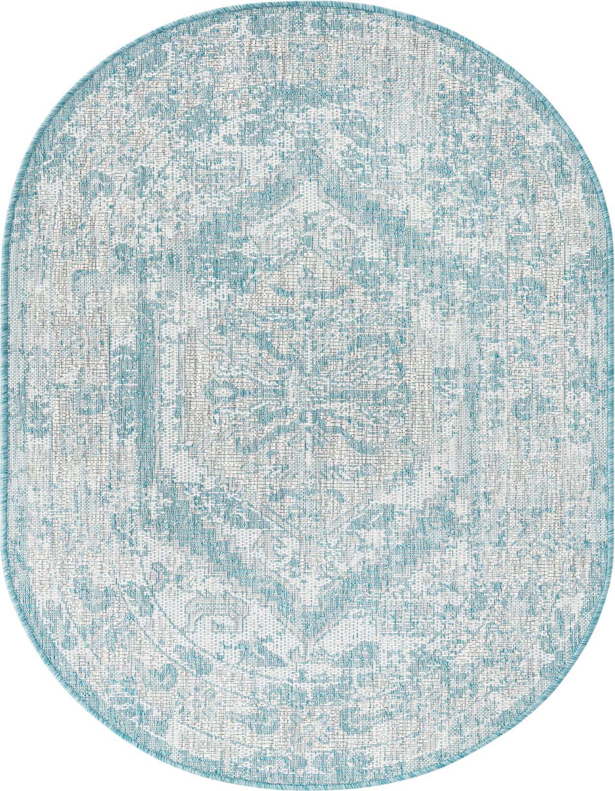 A 3'0 x 5'3 oval blue and white Southwestern-style flatweave rug, ideal for indoor or outdoor use.