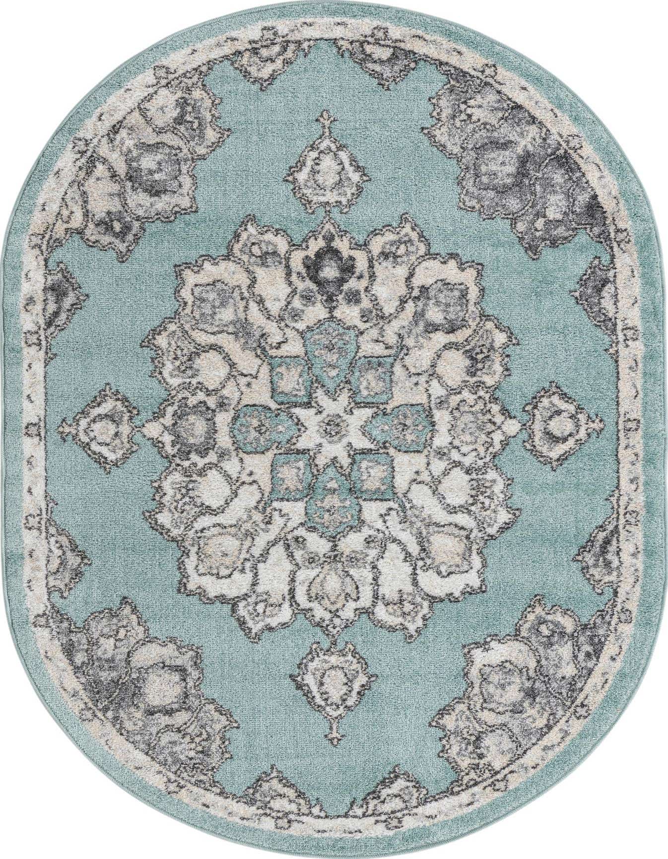 An oval 4' x 6' Parker Collection rug featuring a traditional medallion pattern in shades of blue, grey, and cream on a light blue background.