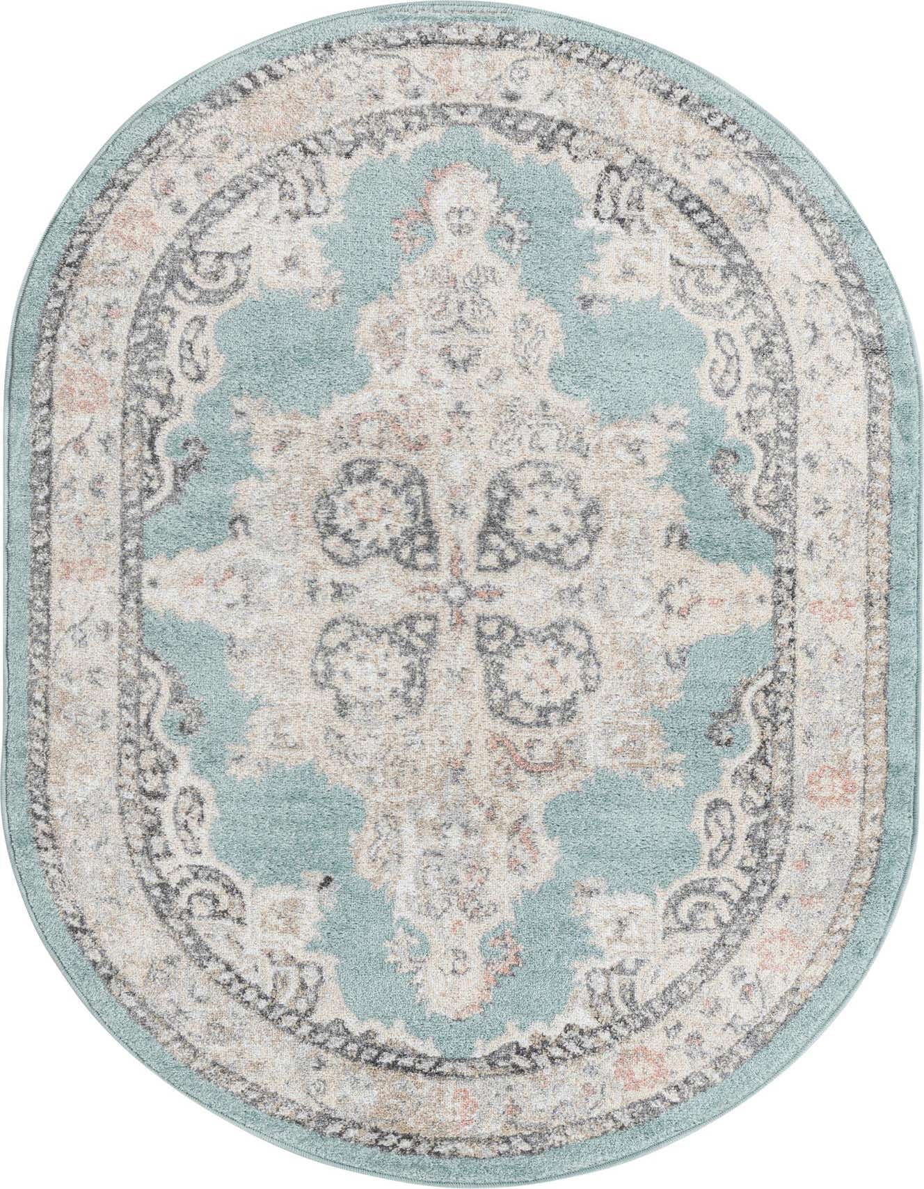 An oval 4'x6' blue traditional rug with a vintage medallion pattern in cream, grey, and hints of peach.