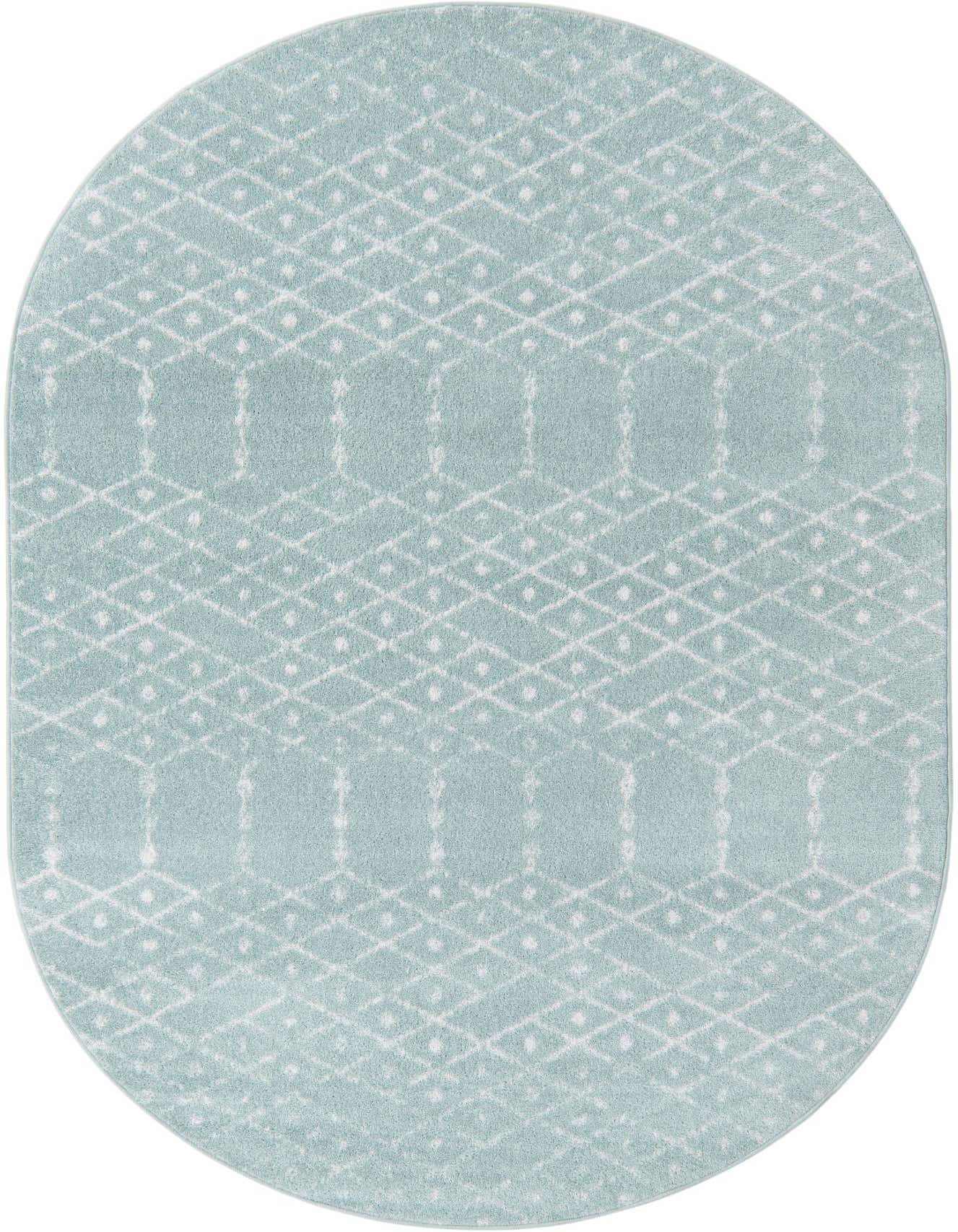 An oval 5' 3 x 8' 0 blue rug with a white modern tribal trellis pattern, suitable for indoor spaces.
