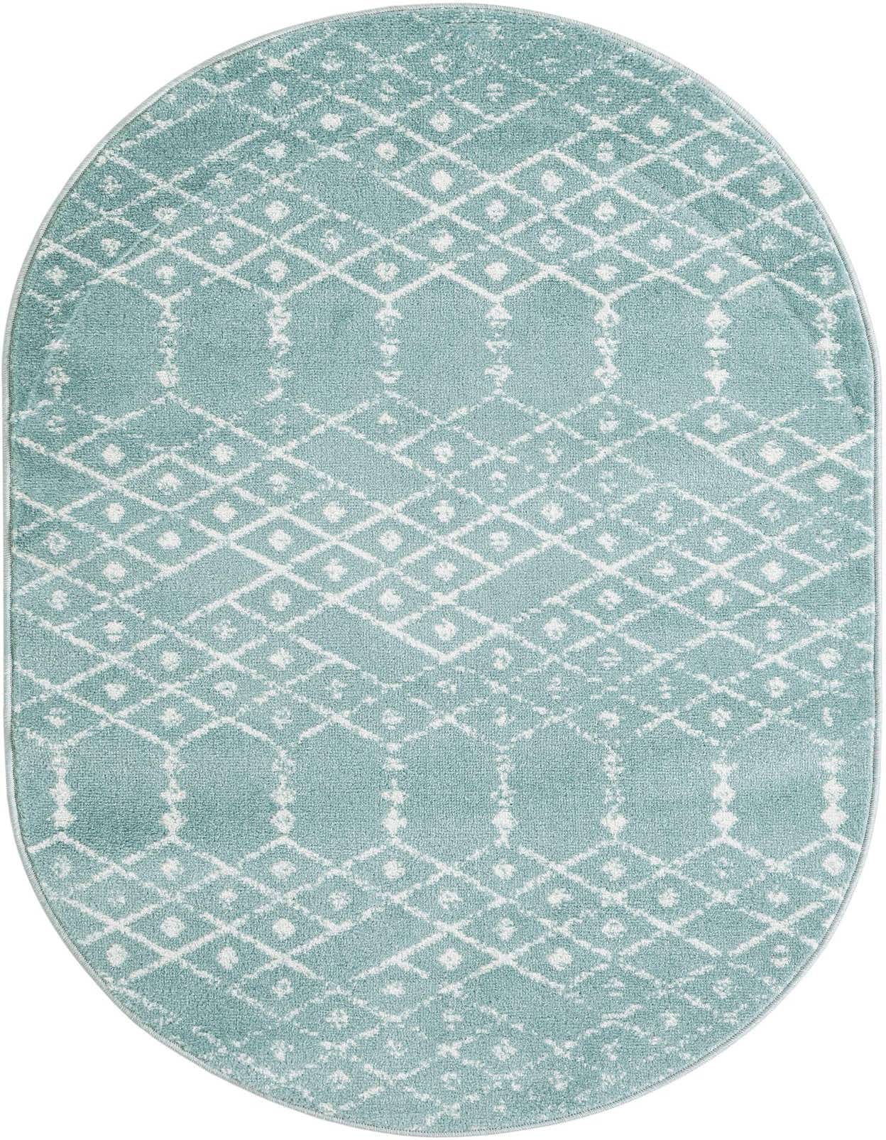 An oval 3' 3 x 5' 3 Paxon Trellis rug in light blue with a white tribal trellis pattern.